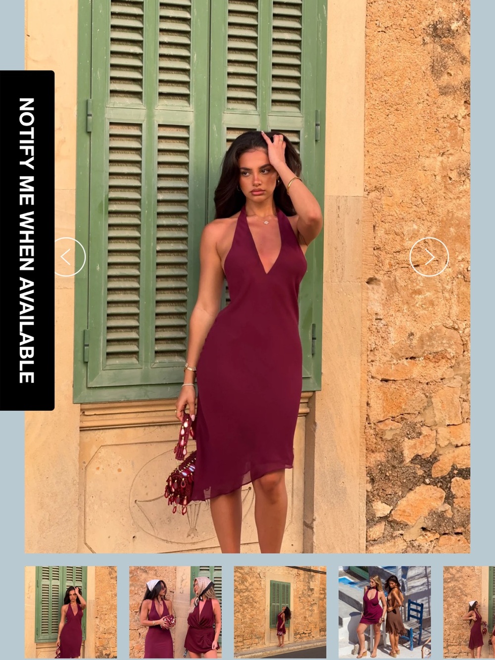 Sleeveless Plunge Halter Dress in Burgundy